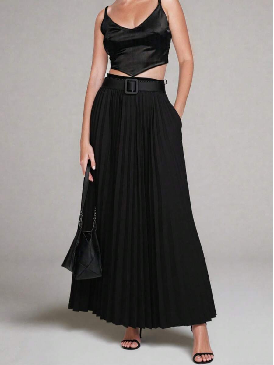 Women Pleated Belted Midi Skirt – Elegant High Waist A Line Design-Yellow/Black Pleats Long Skirt