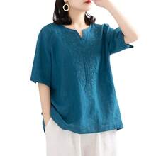 Women Summer Loose Cotton Linen T-Shirt Casual Vintage Embroidery V Neck Plus Size Short Sleeve Basic Tops - 藍色 - 查看 2