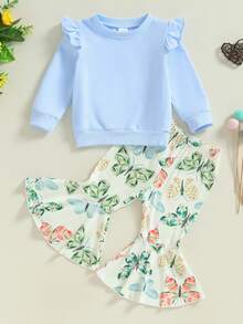 Toddler Baby Girl Clothes Cute Outfits Long Sleeve Sweatshirt Tops Floral Bell Bottom Pant Fall Winter Outfit - Màu xanh lam - Xem 1