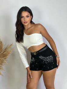 Women's Black High Waist Jean Shorts With Rhinestones And White Stones | 100% Cotton - màu đen - Xem 6