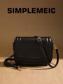 Women's Simple Solid Color Flap Saddle Bag, Ladies' Work Commute Crossbody Bag, Elegant Handbag ( Similar) - Black - View 1