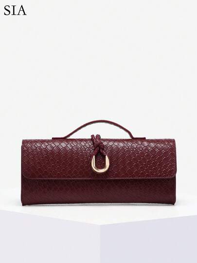 Women's Vintage Minimalist Faux Woven Pattern Angola Red Retro Flap Lock Large Capacity Clutch Tote Bag, Suitable For Evenings Out, Parties And Daily Use