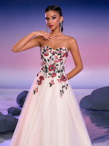 Women's Elegant Floral Embroidered Mesh Strapless Formal Party Dress - Apricot - View 10
