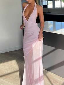 Summer Dresses For Women 2025 Halter Maxi Dress With Scarf Mini Dot Print Backless Bodycon Long Dress Slim Fit Going Out Dresses Wedding Guest Dresses Elegant Cocktail Party Dress Club Streetwear Beach Vacation Aesthetic Clothes Outfit - Hồng - Xem 4