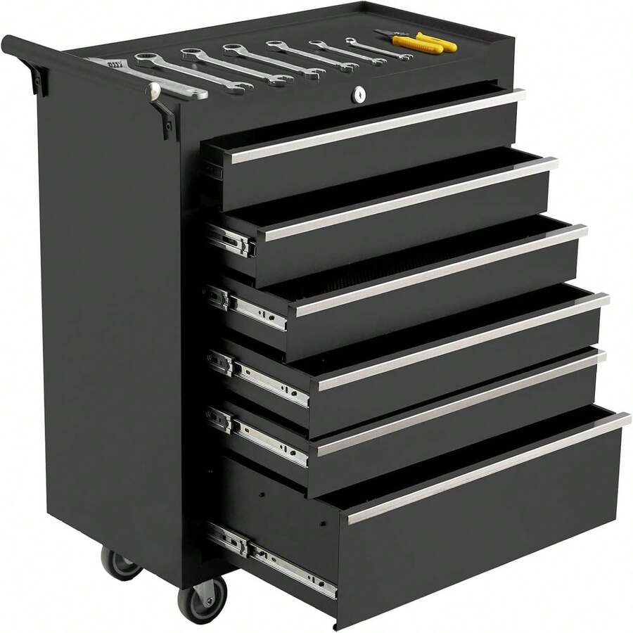 Tool Box, 6-Drawer Rolling Tool Chest Locking System, Lockable Wheels & Sliding Drawers, 24 Inch Heavy-Duty Tool Storage Cabinet For Garage Workshop Warehouse Repair Shop  Rolling Tool Chest, 6 Drawers Tool Storage Cabinet, Toolbox With Wheels, Portable Tool Cabinet Organizer With Locking System & Drawer Liners, Tool Storage Cart For Garage, Workshop - Black - View 1