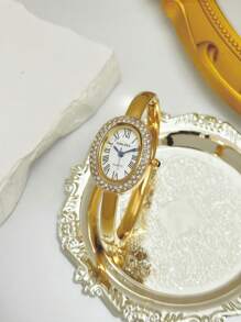 1 relógio de pulso, dourado, prateado, com diamantes, luxuoso, de marca requintada, elegante, de aço inoxidável, à prova d'água, adequado para uso diário, para presentes femininos