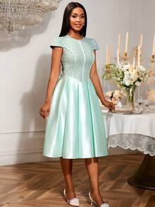 Brautjungfernkleid mit rundem Ausschnitt und Rosen-Jacquard-Muster, elegantes Partykleid mit Schleifen an den Trägern, Outfit für Date, Party, Hochzeit, Brautjungfer, Abschlussball, Hochzeitsgast Herbstmode, Schulanfang - Grün - Übersicht 4