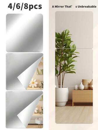 1/4/6件亚克力镜面墙贴卧室书房婚礼家庭背景墙镜面壁纸浴室镜子可拼接全身镜-镜子不会破碎