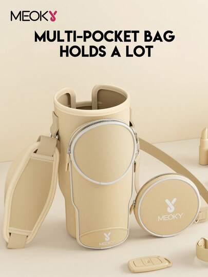 1个氯丁橡胶保温水瓶套，带肩带，便携式饮料套，时尚配饰，粉色图案设计，水瓶保护套