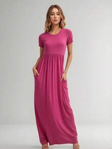 Vestido Casual   Liso    Casual  Dulce  Sencillo    Tela    Bolsillo    Ideal Para  Boda  Playa  Oficina  Casa  Fiesta de Cumpleaños - Rosa Fucsia - Ver 2