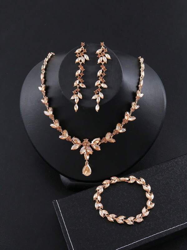 4 pezzi set di gioielli champagne in cristallo di lusso, collana, orecchini, bracciale, accessori per spose e matrimoni, adatti per banchetti, feste e altre occasioni