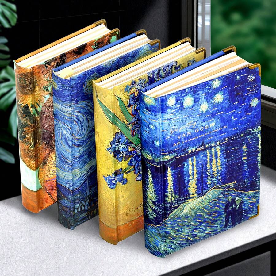 1Pc, 256Pages,Van Gogh Hardcover Colour Notebook, Stamped Hardcover Handbook, Multi-Style Planner, Diy Sticker Book, Horizontal Line/Grid Page Scrapbook, Kraft Paper Journal, Back To School