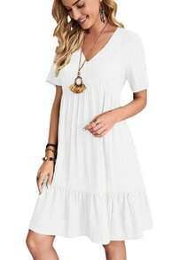 Women's Mini Dress - Solid Color V-Neck Design, Short-Sleeved Cut To Show The Fresh Temperament, Loose Fit For Summer Casual Wear, Both Fashion And Comfort - trắng - Xem 6