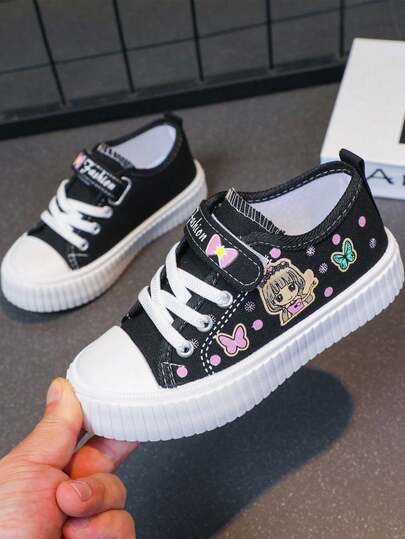 New Girls Cartoon Pattern Low-Top Skateboard Shoes, Fashionable Kids' Campus Sports Shoes, Big Kids Hook And Loop Comfortable Running Shoes, Spring/Summer, Butterfly, Love, Valentine's Day