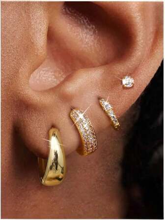 IRONBOX 4 对女士小金环耳环，防过敏，14K 镀金，厚实耳环套装，适合多个穿孔，精致耳环叠戴套装，可爱银质软骨珠宝礼物