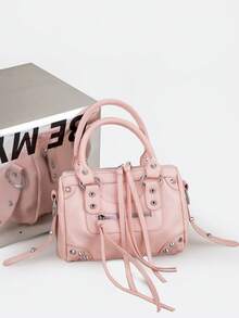 1件粉色拼接铆钉金属流苏拉链装饰复古PU材质肩带装饰铆钉双提手可调节长肩带拉链闭合时尚复古甜美酷炫朋克Y2K风格摩托车包，女士手提包休闲低调奢华风格女士斜挎包可装手机、卡包，适合日常、旅行、购物 - 粉色 - 查看 7