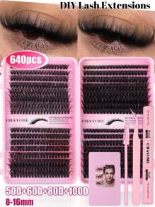 640-Piece Premium Mixed-Style 10D-100D False Eyelash Kit (Includes Adhesive, Tweezers And Brush) - Effortless DIY For Beginners, Achieving A Natural, Voluminous Look - D-Shaped Curl, Reusable - Cat-Eye And Cluster Styles, Lengths 10-18mm