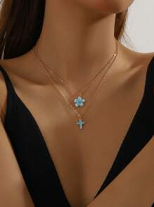 Conjunto de 2 peças de colares lindos com pingente de cinco pétalas e cruz para meninas, acessórios de joias para viagem, festa na praia, verão e uso diário