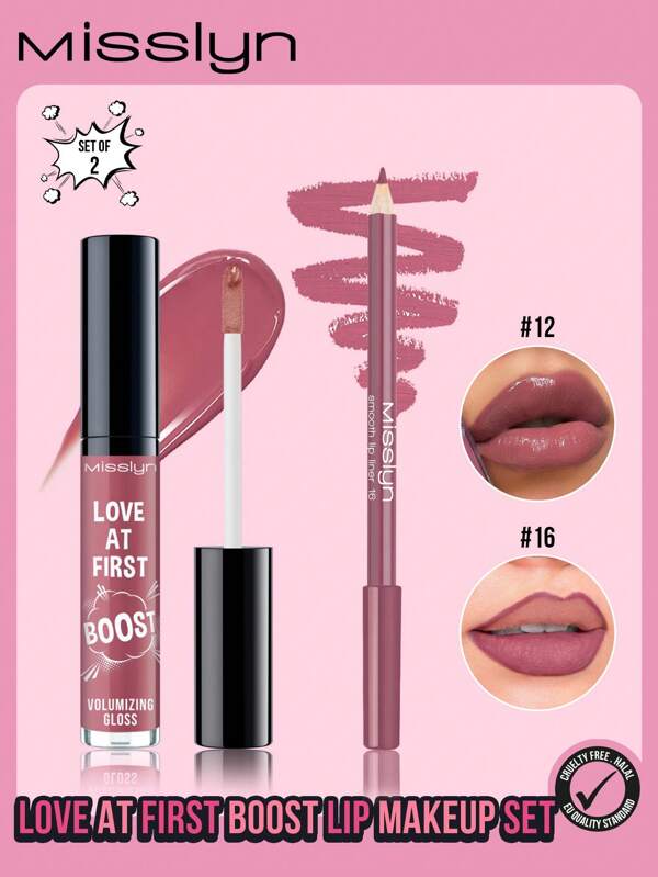 Misslyn Love At First Boost Lip Makeup Set,2 Pcs,Smooth Lip Liner, Colorstay Face Makeup , Glossy, Y2K Makeup Party Beach Travel Holiday Camping Outdoors Present Rose Fashion Girl New Year Cosmetic Cosplay Best Trip Festivals Color Fancy Campus School Charm Vibe Cny Chinese New Year, Valentine's Day Gifts,Vegan,Cruelty Free