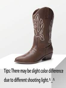 Women'S Cowboy Western Boots Point Toe Embroidered Detail Chunky Heeled Pull On Cowgirl Fall Women Clothes Party Holiday Mid-Calf Brown Boots - 棕色 - 查看 2