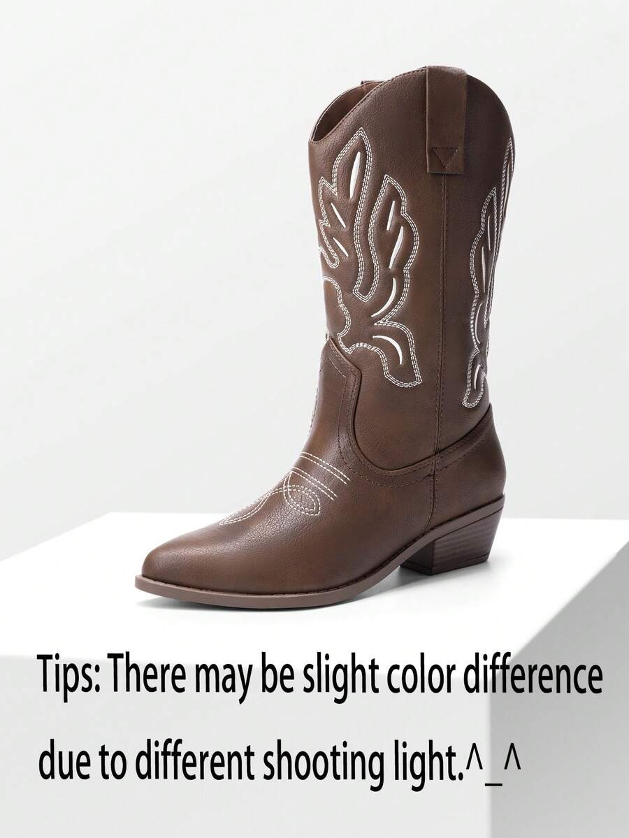 Women'S Cowboy Western Boots Point Toe Embroidered Detail Chunky Heeled Pull On Cowgirl Fall Women Clothes Party Holiday Mid-Calf Brown Boots - 棕色 - 查看 1