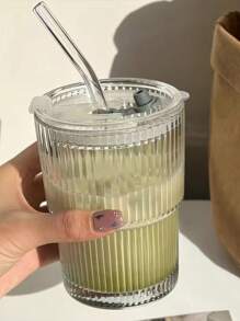1 Striped Cup With Straw And Lid - 13.5oz/400ml, Visually Appealing Glass Cup, Heat-Resistant, Suitable For Coffee, Tea, Milk, Iced American Drinks, Dairy Drinks, Simple Drinking Cup, Christmas, Thanksgiving, Mother's Day.