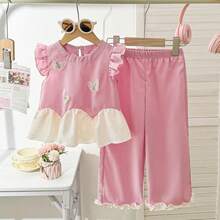 2pcs/Set Girls Solid Color Round Neck Bowknot Fashionable Top And Loose Fit Pants, Cute Casual Outfit - Pink - View 7