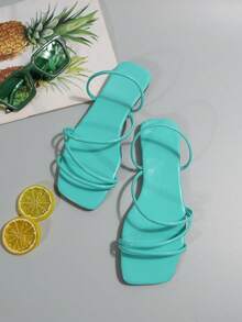 Sandalias planas casuales de color caramelo para mujer, nuevas sandalias con tira simple de verano, zapatos de moda todo a juego para vacaciones y playa - Azul Cadete - Ver 6