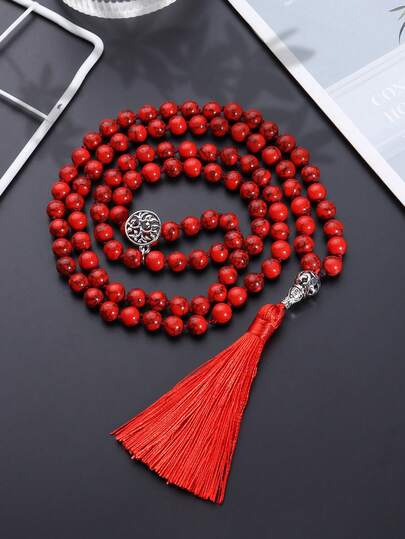 Collar de cuentas estilo bohemio de 8mm con 108 cuentas de turquesa roja, collar mala para meditación y oración, joyería unisex