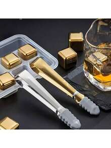 8 Gold Ice Blocks With Silicone Clip - Reusable Metal Chilling Pebbles & Fast Freezing Stainless Steel For Cocktails, Whiskey, Wine & Drinks - Perfect For Christmas, Halloween, Easter, Thanksgiving & More - Multicolor - View 2