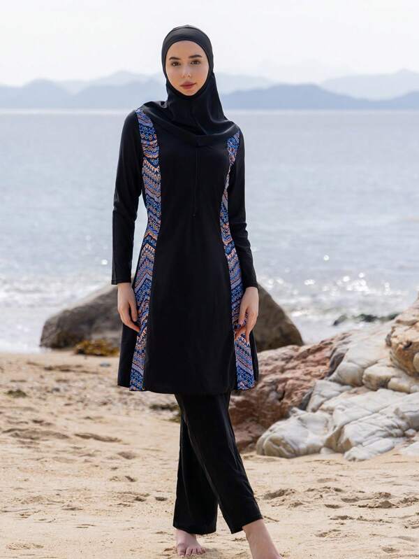 Set de 3 piezas Traje de baño modesto tipo burkini con mangas largas y pantalones, estilo de Oriente Medio con capucha para mujeres, adecuado para la playa y el verano