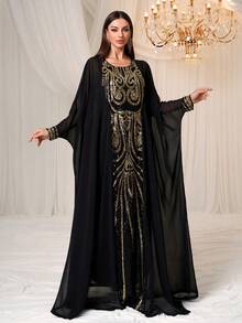 YISIKADO Elegantes Damen Langarm Chiffon Abaya mit kontrastierenden Pailletten-Verzierungen, Rundhalsausschnitt, bodenlang