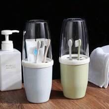 1pc Couple Creative Toothbrush And Mouthwash Mug Set With Lid, Portable Travel Toothbrush Holder, Durable Plastic, Suitable For Toothbrush Storage