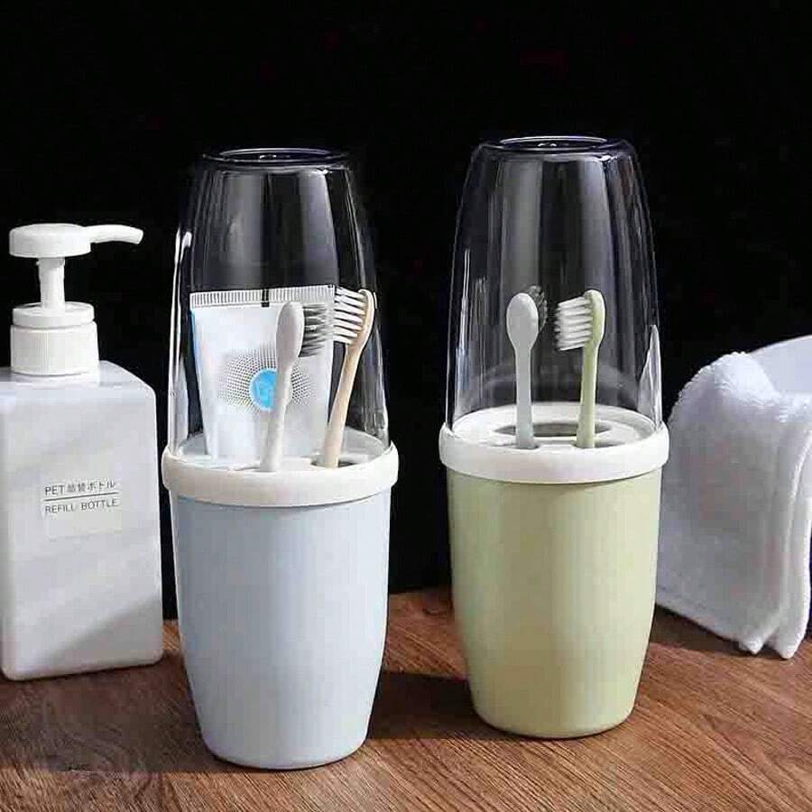 1pc Couple Creative Toothbrush And Mouthwash Mug Set With Lid, Portable Travel Toothbrush Holder, Durable Plastic, Suitable For Toothbrush Storage