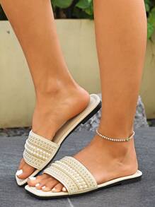 Sandalias planas de moda con decoración de perlas sintéticas para mujer