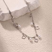1 pieza Collar de acero inoxidable con baño de oro de 18K, diseño hueco de trébol, con conchas y perla, elegante y minimalista, adecuado para fiesta, citas y uso en la oficina