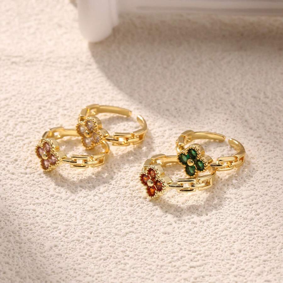 1pc 18K Plated Stainless Steel Colorful Zirconia Four-Leaf Clover Open Ring, Fashionable & Suitable For Party, Date, Office Wear