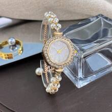 1 pièce Montre femme au boîtier en alliage orné de strass tréfle, avec chaîne double perle réglable, cadran avec chiffres arabes, quartz, style pastoral