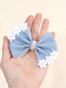2pcs Denim Hair Bows For Women Girls Solid Color Denim Bow Alligator Clips With Pearl Flower Elegant Vacation Bow Hair Clips Casual Bow Barrettes Women Hair Accessories ,Flat Claw Clip