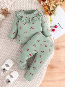 2pcs Baby Girls' Sweet Cute Cherry Pattern Ribbed Crew Neck Long Sleeve Top And Pants Set, Casual Comfortable Suitable For Daily Wear, Indoor/Outdoor, Spring, Summer, Autumn, Winter, Daily, Sports, Play, Party, Photo Shoot, Holiday, Festival And Other Occasions - Mint Green - View 1