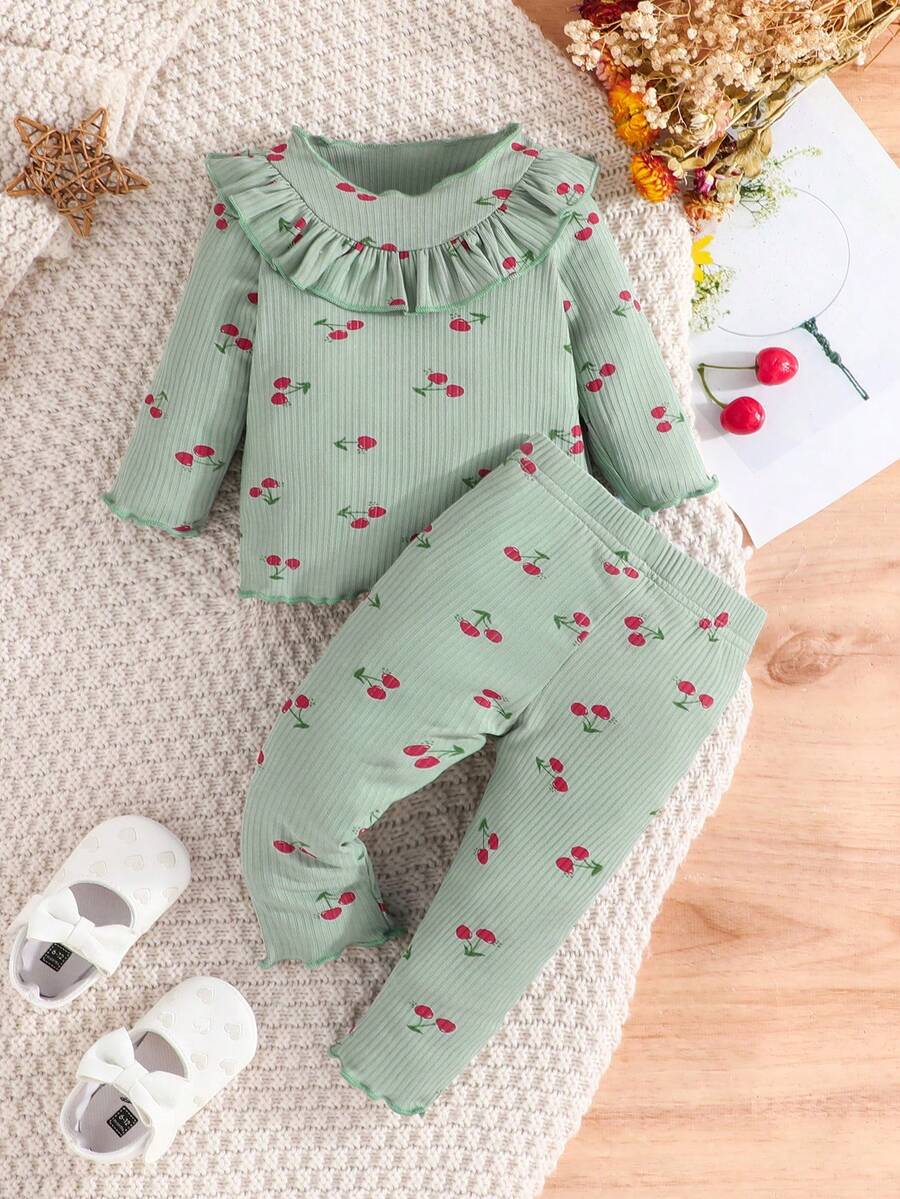 2pcs Baby Girls' Sweet Cute Cherry Pattern Ribbed Crew Neck Long Sleeve Top And Pants Set, Casual Comfortable Suitable For Daily Wear, Indoor/Outdoor, Spring, Summer, Autumn, Winter, Daily, Sports, Play, Party, Photo Shoot, Holiday, Festival And Other Occasions - Mint Green - View 1