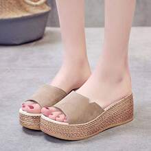 Mujeres Exterior Desgaste Escritorio Pendiente Tacón Sandalia Mopa Fondo Grueso Tacón Alto Muffin Fondo Una Palabra Zapatillas - Caqui - Ver 5