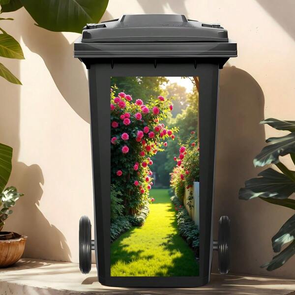 1PC Romantic Rose Garden Trash Can Sticker, Waterproof Outdoor Garbage Bin Decal, Aesthetic Floral Wheelie Bin Wrap For Home Yard & Patio Decor, Easy Apply Scenic Garden Path Vinyl Sticker, Beautiful Outdoor Living Space Enhancement & Landscape Art Print, School Supplies,Back To School