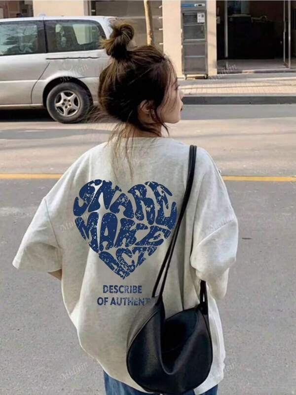 Women's White Short Sleeve T-Shirt, Loose Fit Crew Neck Versatile Heart Print Top For Summer