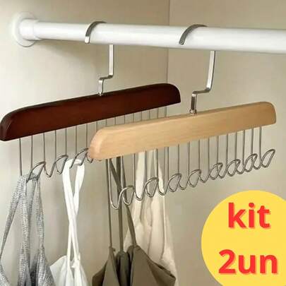 KIT 2 Cabide de madeira anti-enrolamento, rack de armazenamento, gancho em forma de U 8 gancho, suporte suspenso para quarto
