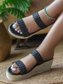 Women's Thick-Soled Straw Woven Rope Summer Beach Vacation Casual Slip-On Platform Wedge Sandals
