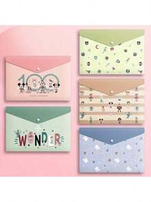 5pcs Cartoon A4 Size High Capacity Thick Storage Bag, Transparent Waterproof And Moisture-Proof Folder With Button Closure, Office & Student Stationery Organizer, Gift,Back To School,School Supplies