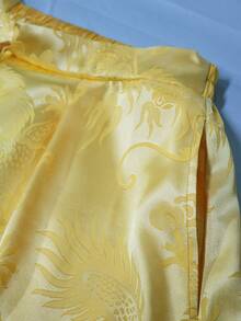 Pantalones anchos de estilo tradicional chino vintage para hombre, pantalones casuales con estampado de dragón en satén jacquard suave, con un ajuste relajado, transpirables y suaves, apropiados para primavera y otoño - Dorado - Ver 6