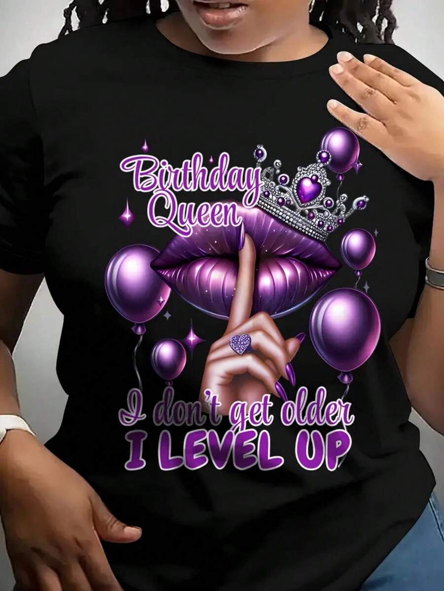 Plus Size Birthday Queen T Shirt Birthday Queen Printed Women T Shirt Stylish Festive Design With Crown Lips Balloons Size L-3XL 4XL 5XL - màu đen - Xem 1
