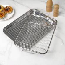 1pc/2pcs 304 Stainless Steel Double-Ear Roasting Net Basket, 13-Inch Stainless Steel Wave Bottom Roasting Pan, Reusable Rectangular Mesh Basket For Frying, Grilling, Kitchen Filter, Outdoor Camping BBQ, Home Oven Baking Tools, Kitchen Accessories